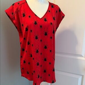 Express Red and Black Spider Print V-Neck Blouse